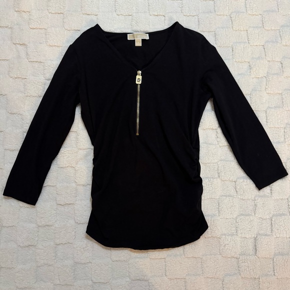 Michael Kors Tops - Michael Kors Elegant Black Zippered V-Neck Blouse, Cotton Blend, Women’s Small